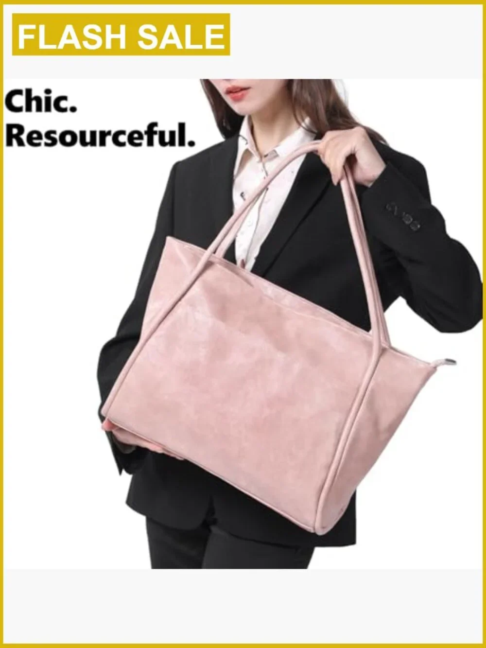 Large Vegan Leather Tote Bag with Zipper 16L Work Travel Handbag